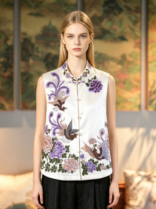 Women’s Ivory Acetate Vest with Phoenix & Peony Embroidery, Mandarin Collar7701