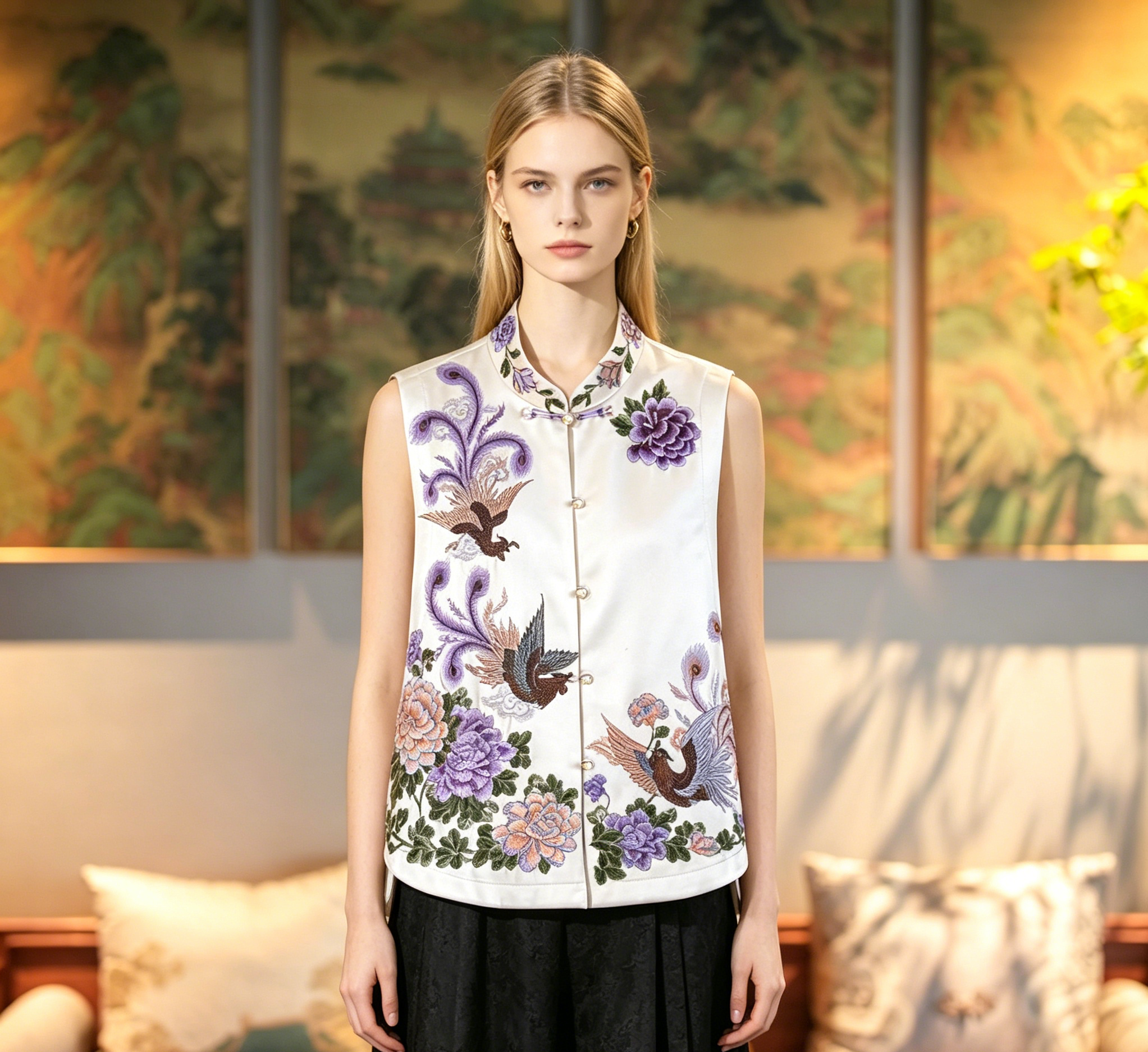 Women’s Ivory Acetate Vest with Phoenix & Peony Embroidery, Mandarin Collar7701