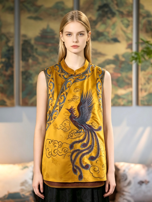 Imperial Gold Xiangyunsha Mulberry Silk Vest with Phoenix Embroidery5474