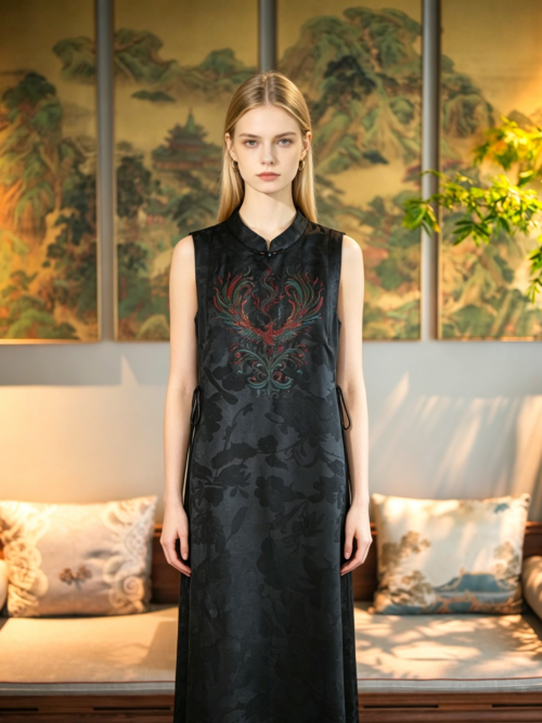 Black Xiangyunsha Silk Maxi Dress with Phoenix Embroidery, Chinese Mandarin Collar Sleeveless Long Dress5755