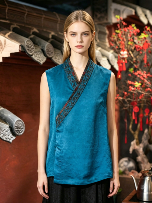 DINGYI Embroidered Xiangyunsha V-Neck Blouse, Sky blue Mulberry Silk, Loose Fit Plus-Size4155