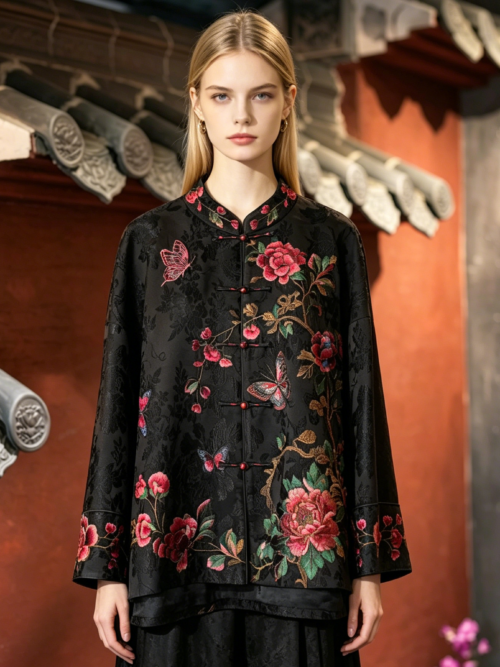 Original Fairy-style Women's Coat, Black Stand Collar Vintage Satin Mulberry Silk, Butterfly & Floral Embroidery, Single-breasted 5755