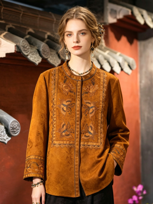 Amber Xiangyunsha Mulberry Silk Jacket with Floral Embroidery, Vintage Tortoise Shell Texture5928