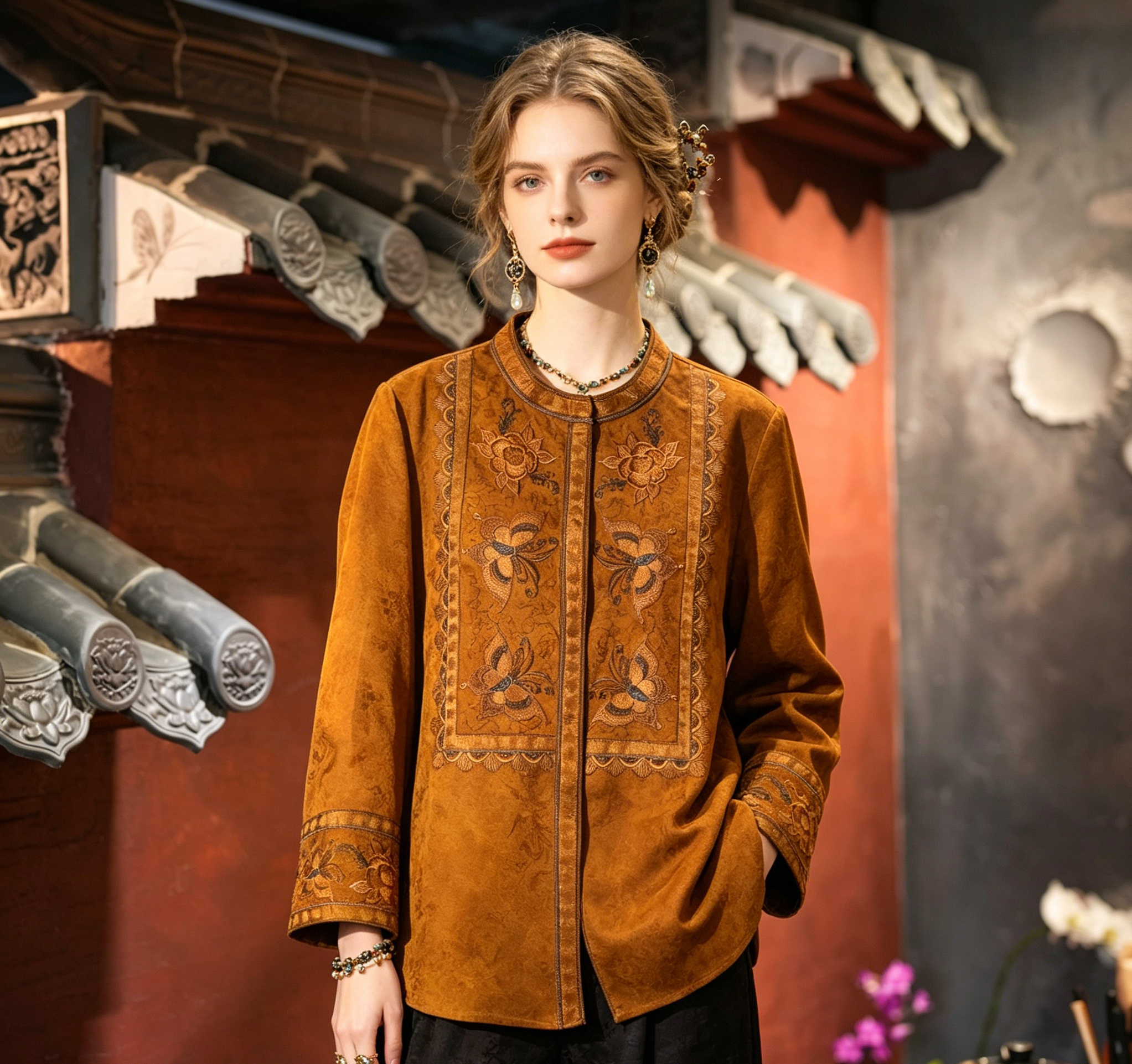 Amber Xiangyunsha Mulberry Silk Jacket with Floral Embroidery, Vintage Tortoise Shell Texture5928