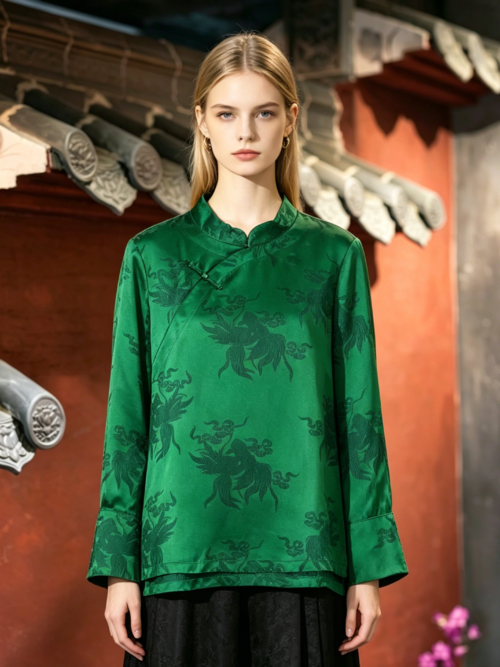 Emerald Green Mulberry Silk Blouse | Qipao-Style Mandarin Collar Top with Phoenix Jacquard7125