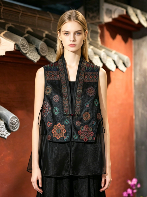 DINGYI Original Women's Vest, Artistic Embroidery Mulberry Silk & Gambiered Canton Gauze Spliced Organza, Chinese Trend Versatile Waistcoat  7803