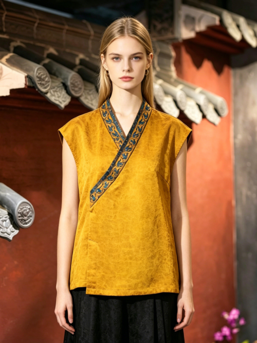 DINGYI Embroidered Xiangyunsha V-Neck Blouse, Ginger Yellow Mulberry Silk, Loose Fit Plus-Size4155