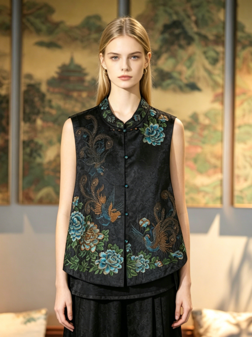 Traditional Chinese Style Jacquard Silk Waistcoat, Hand-Embroidered Floral & Bird Motif7847