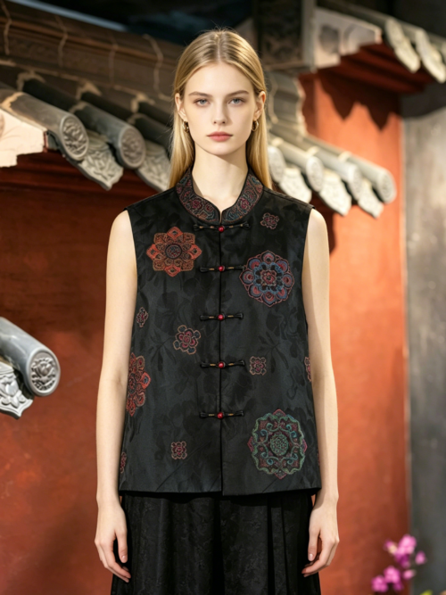 Luxury Black Xiangyunsha Mulberry Silk Vest with Traditional Floral Embroidery7563