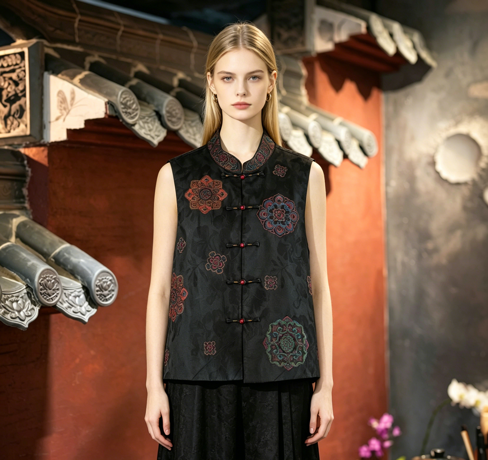 Luxury Black Xiangyunsha Mulberry Silk Vest with Traditional Floral Embroidery7563
