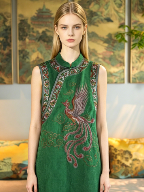 Original High-end Women's Dress, Green Phoenix Embroidered 100% Silk Gambiered Canton Gauze, Stand Collar Sleeveless Midi Dress｜Style5473