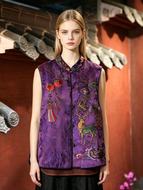 Luxury Xiangyunsha Mulberry Silk Vest with Hand-Embroidered Deer & Pomegranate5915