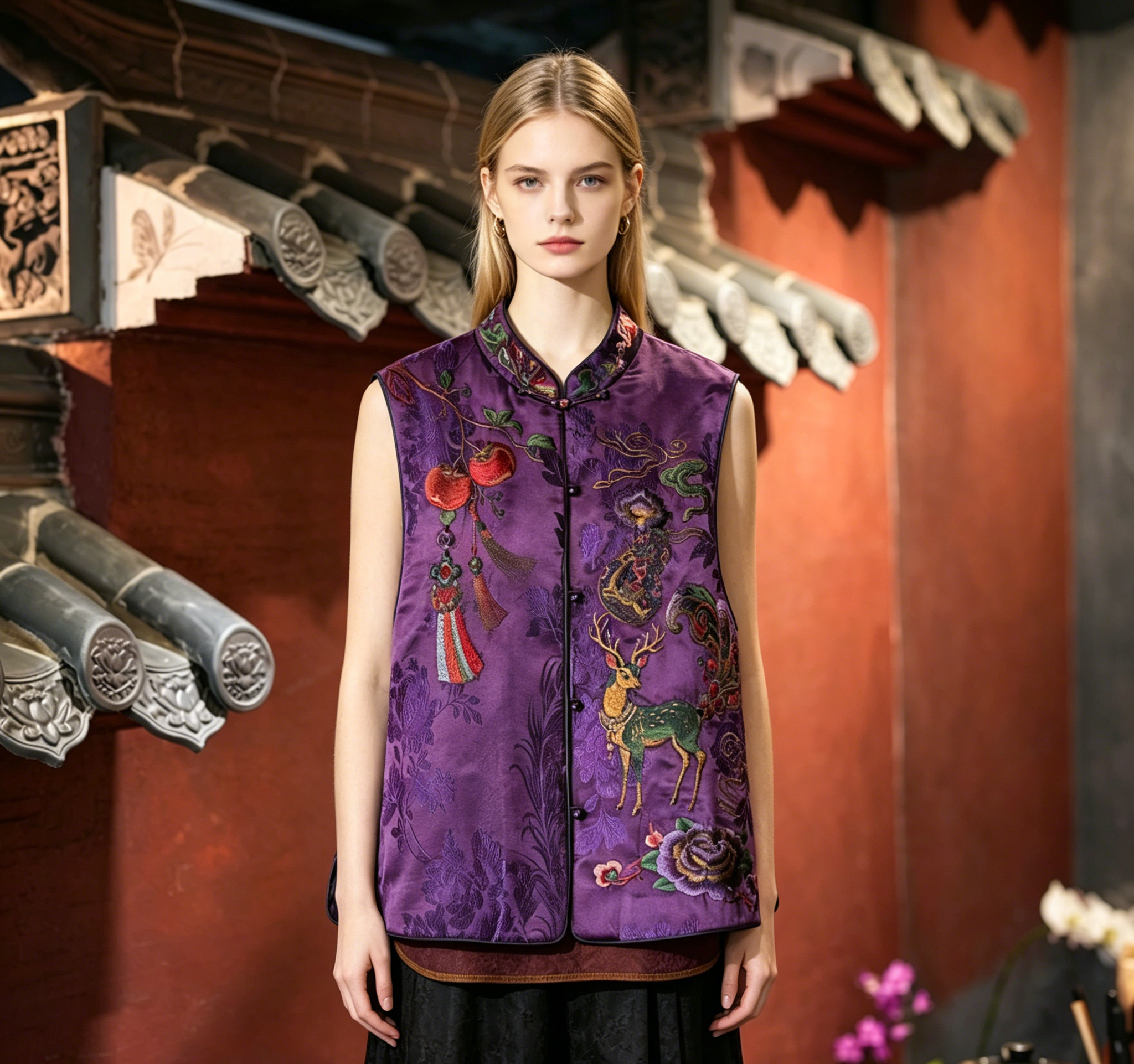 Luxury Xiangyunsha Mulberry Silk Vest with Hand-Embroidered Deer & Pomegranate5915