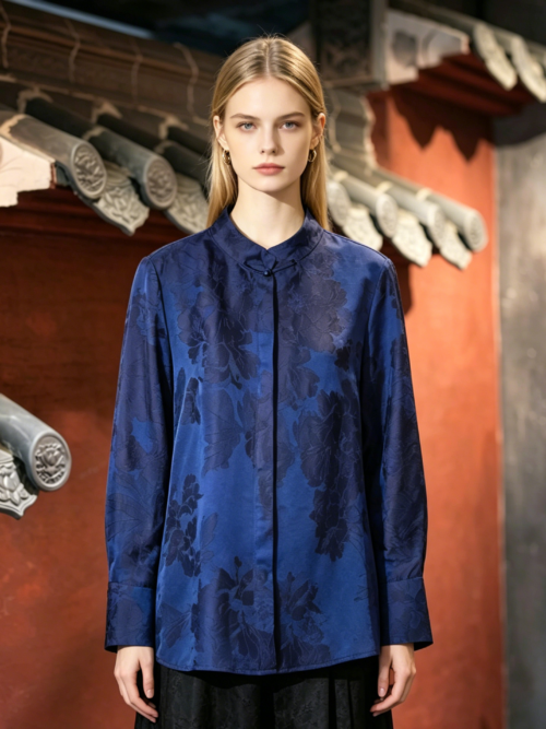 DINGYI Luxury 100% Mulberry Silk Xiangyunsha Blouse, Chinese Traditional Mandarin Collar Jacquard Button-Up Shirt, Women's Elegant Long Sleeve Top5840
