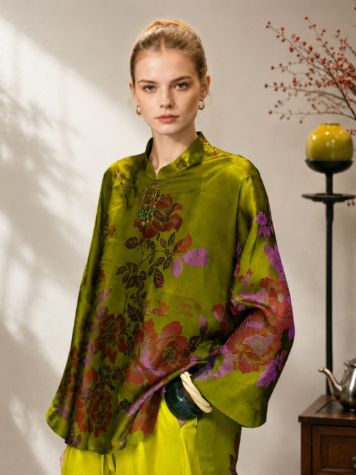 Vintage 1990s Pure Mulberry Silk Floral Robe – Rare One-of-a-Kind Brocade Top