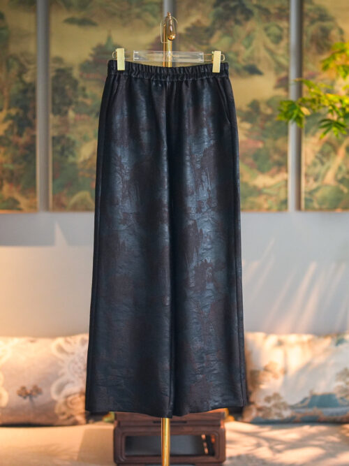 Original Women's New Chinese Style Casual Pants, Black Slim-fit Straight-leg Trousers with Elastic Waist, Pure Silk Gambiered Guangdong Silk | Style 5388