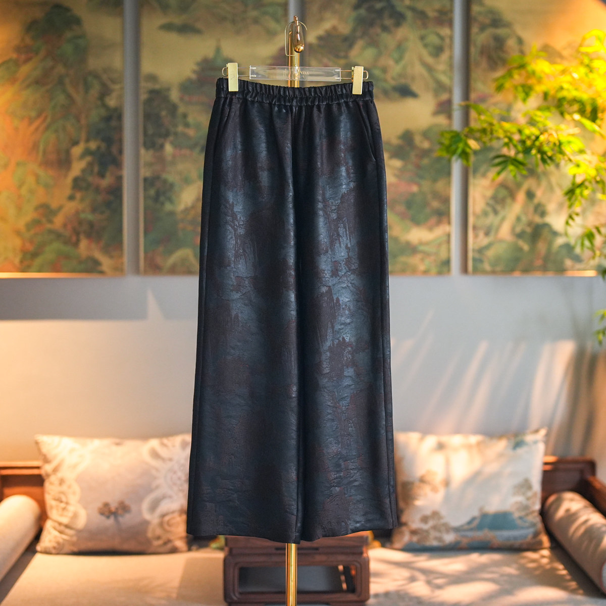 Original Women's New Chinese Style Casual Pants, Black Slim-fit Straight-leg Trousers with Elastic Waist, Pure Silk Gambiered Guangdong Silk | Style 5388