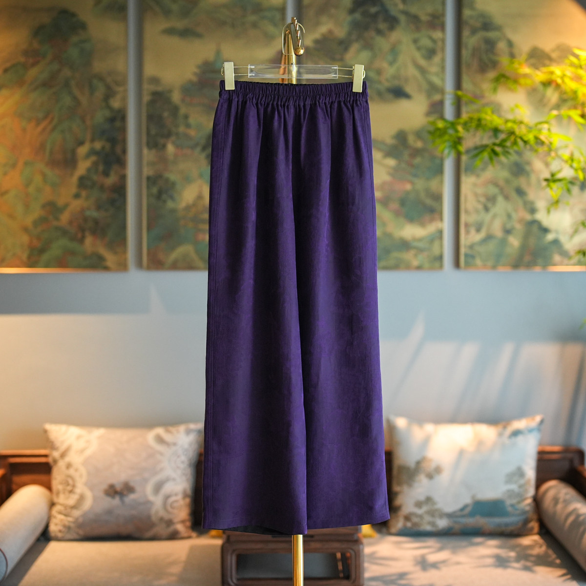 Original Women's Minimalist Casual Pants, Purple High-Waist Wide-Leg Trousers, Slimming Pure Silk Gambiered Guangdong Silk | Style 5143