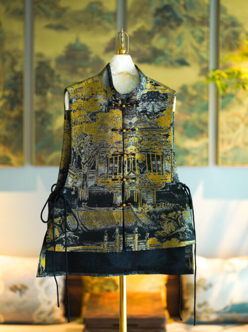 Original Chinese-style Stand Collar Single-breasted Mulberry Silk Song Brocade Asymmetrical Vest 5087