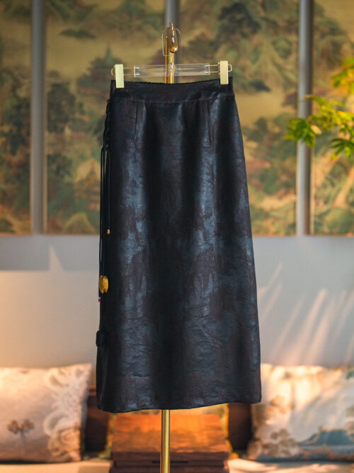 Original High-end Women's Skirt • Intangible Cultural Heritage Gambiered Guangdong Silk, Tassel Elastic Waist, Knee-Length Mulberry Silk Slim-Fit Midi Skirt | Style 5383