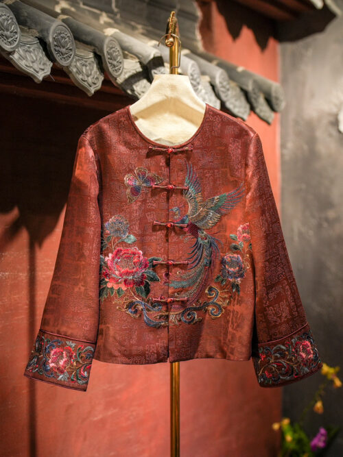 Original Women's Heavy Embroidery Mandarin Collar Single-Breasted Plus Size Silk Gambiered Guangdong Silk Traditional Chinese Jacket 5710