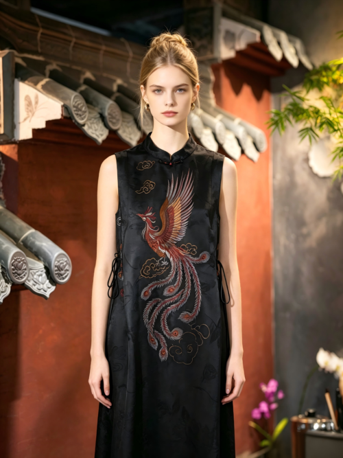 Original Chinese-style Luxury Heavy Embroidery Stand Collar Silk Gambiered Guangdong Gauze Black Sleeveless Dress | Style 5477