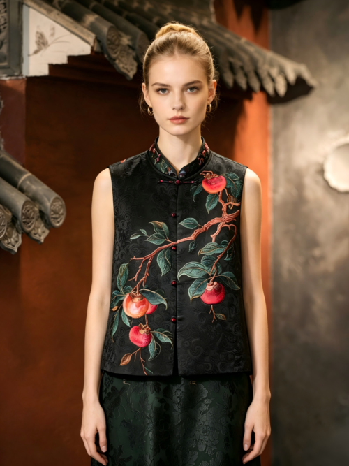 Black Xiangyunsha Silk Vest, Chinese Style Persimmon Embroidery, Round Neck & Single-breasted5744