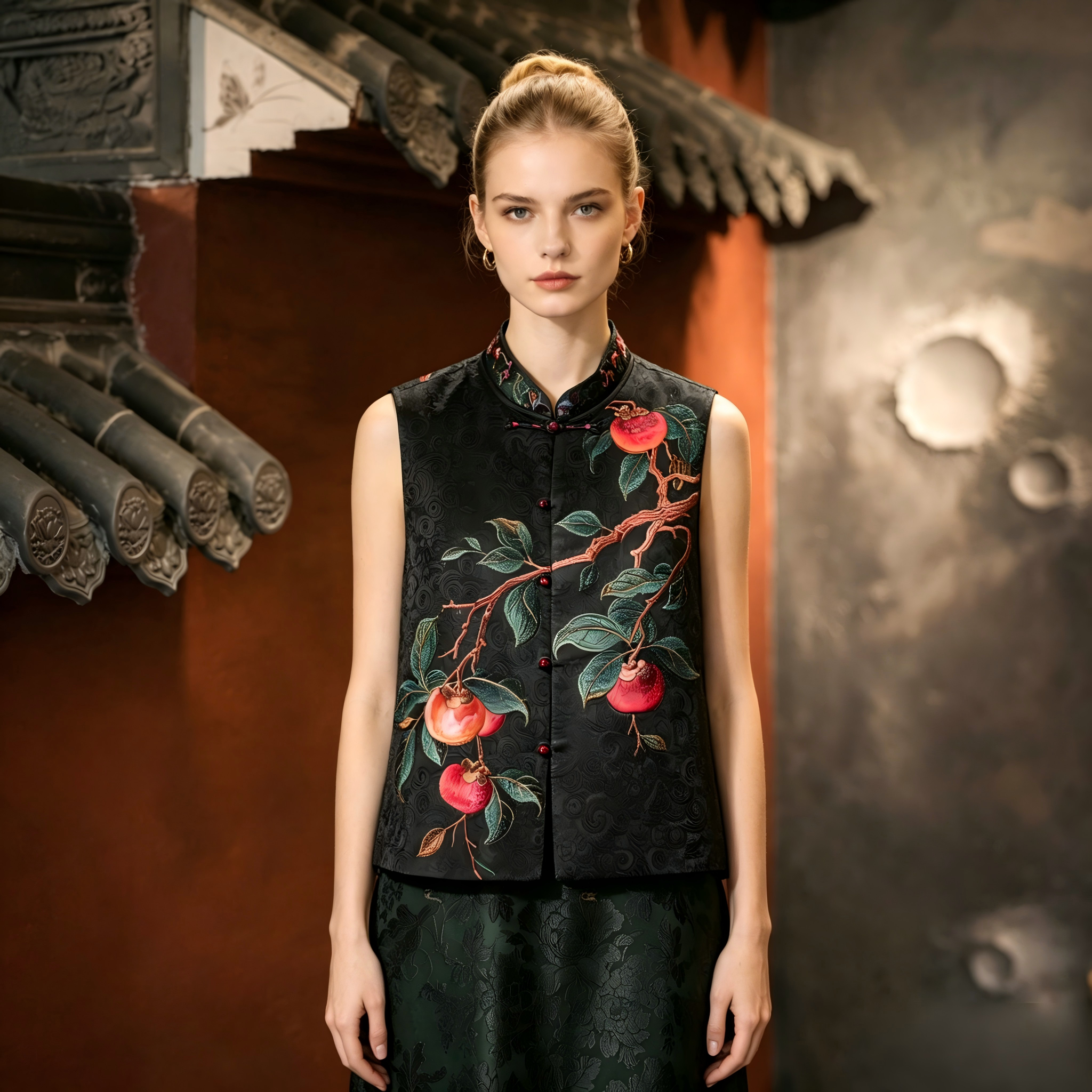 Black Xiangyunsha Silk Vest, Chinese Style Persimmon Embroidery, Round Neck & Single-breasted5744