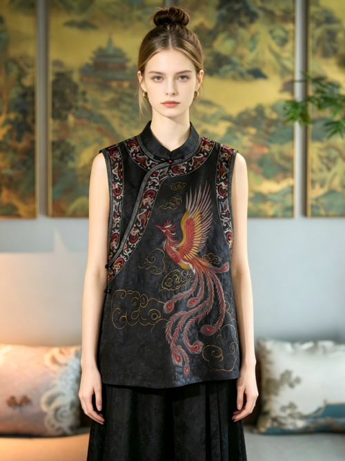 Original Chinese-style Sleeveless Mid-length Top, Coffee Tone, Slim-fit, Phoenix Embroidery on Cracked-pattern Pure Silk5456