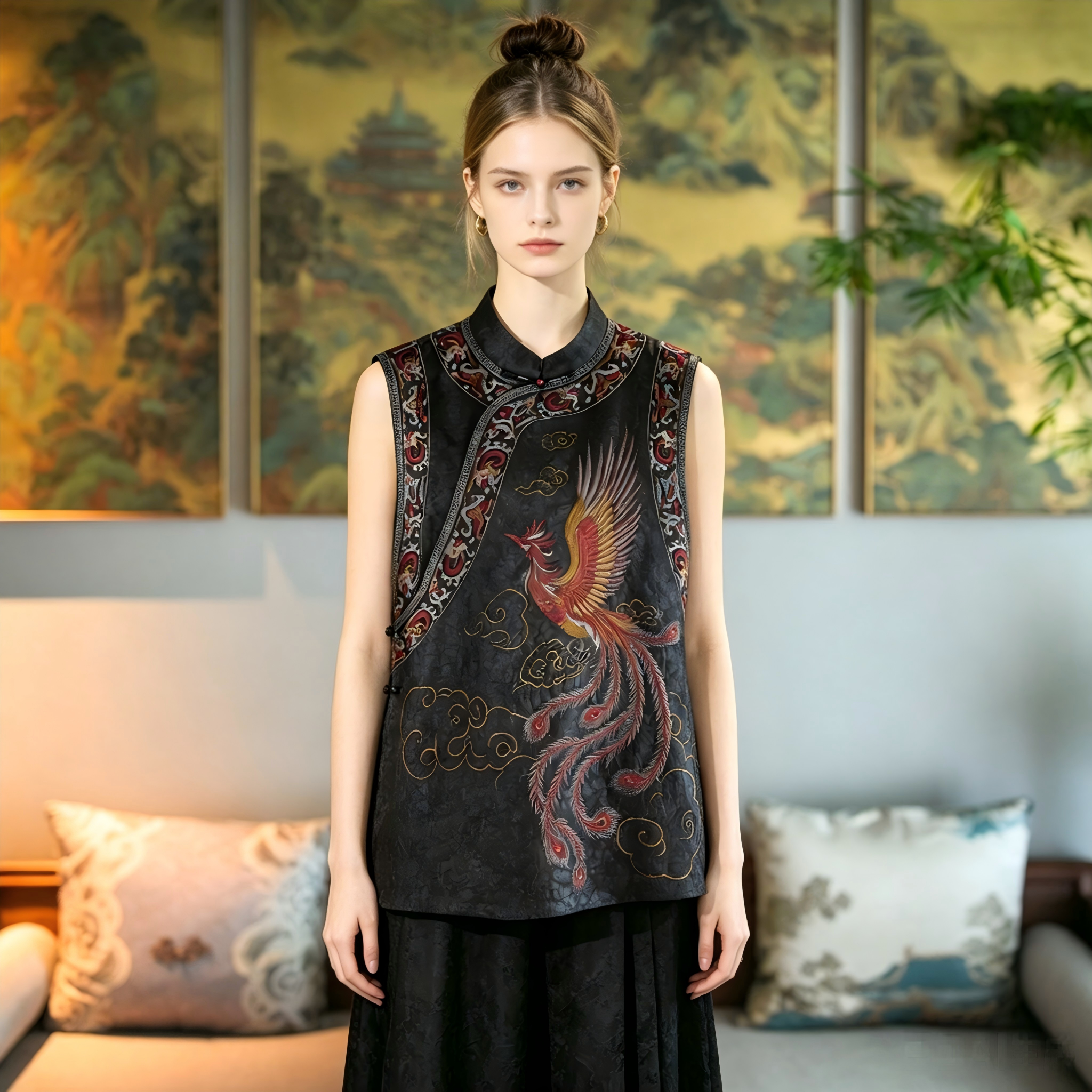 Original Chinese-style Sleeveless Mid-length Top, Coffee Tone, Slim-fit, Phoenix Embroidery on Cracked-pattern Pure Silk5456