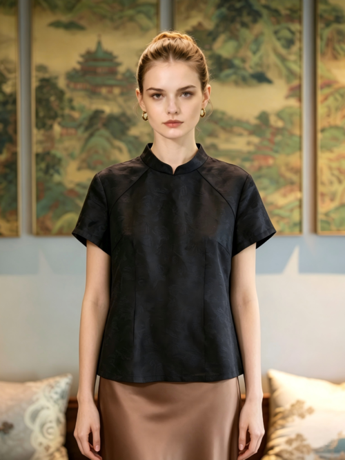 Original High-End Women's Top | Non-Traditional Craft Xiangyunsha Stand Collar Short Sleeve, Plus Size Mulberry Silk, Slim-Fit & Versatile Style #7670