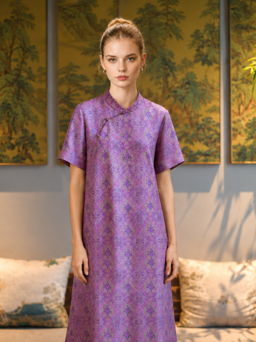 100% Mulberry Silk Xiangyunsha Qipao Dress | New Chinese Style Mandarin Collar Midi Dress with Side Slit & Short Sleeves7809