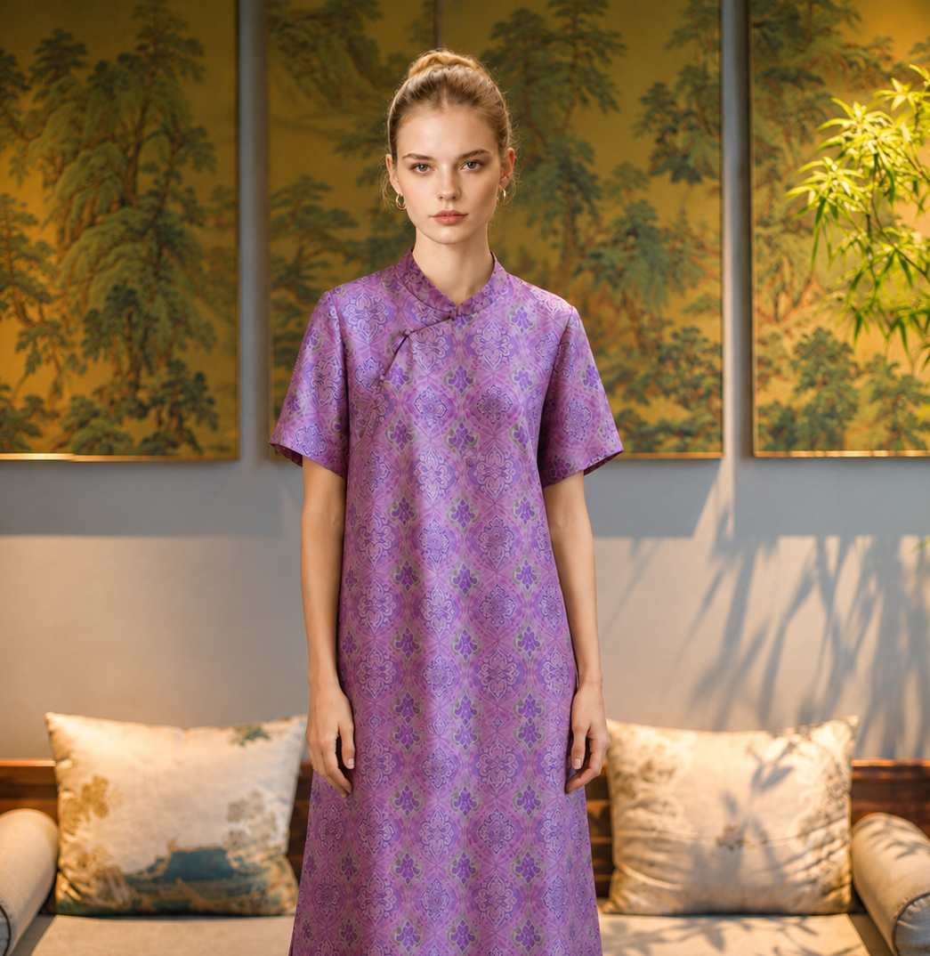 100% Mulberry Silk Xiangyunsha Qipao Dress | New Chinese Style Mandarin Collar Midi Dress with Side Slit & Short Sleeves7809