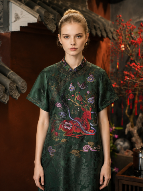 100% Mulberry Silk Xiangyun Embroidered Long Dress – Luxury Traditional Chinese Cheongsam4001
