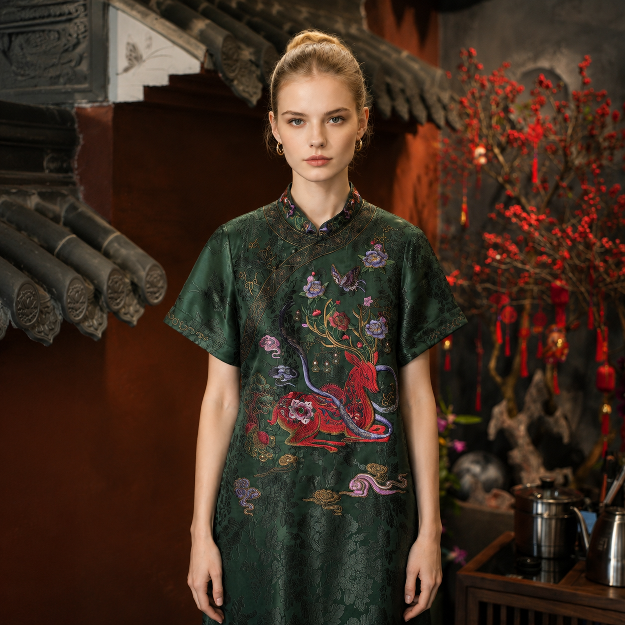 100% Mulberry Silk Xiangyun Embroidered Long Dress – Luxury Traditional Chinese Cheongsam4001