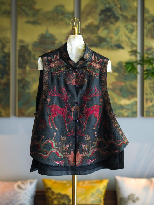 Original Chinese-style Women Vest | Heavyweight Nine-Colored Deer Embroidery Stand Collar Black Plus-Size Silk Xiangyunsha Waistcoat
