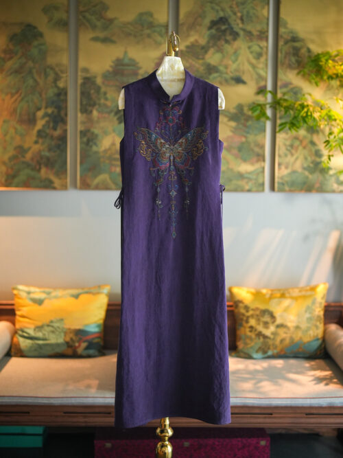 Original Designer Women's Luxury Purple Stand Collar Sleeveless Long Embroidered Dress, Genuine Silk Xiangyunsha Fabric | Style No.5523