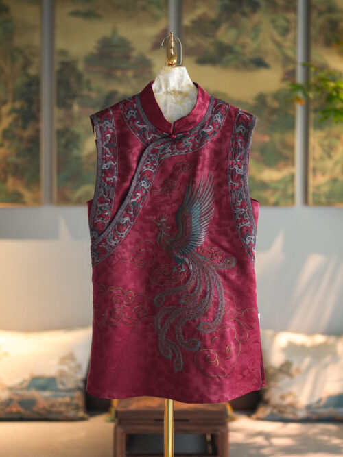 Original Heavy Embroidery Women's Red Stand Collar Sleeveless Top, Genuine Xiangyunsha Silk for Wedding & Return Banquet Style, Item No.5472