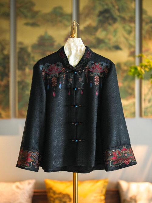 Original Chinese Style Women's Coat, Heavy Hand Embroidery, Stand Collar, Single-breasted Buttons, Black Plus Size Real Silk Gambiered Guangdong Silk Jacket Style No.5328