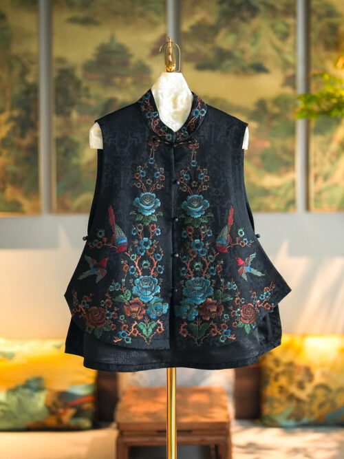 Original Designer Women's Black Irregular Waistcoat, Heavy Contrast Color Embroidery Stand Collar, Chinese Tide Song Brocade Mulberry Silk Vest | Style No.5503