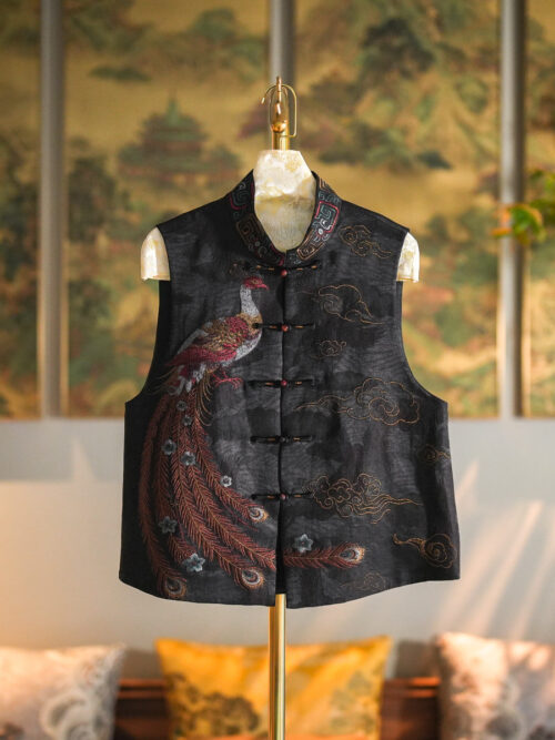 Original Women's Heavy Embroidery Stand Collar Sleeveless Single-breasted Plus Size Genuine Silk Xiangyunsha Black Waistcoat | Item No.5531