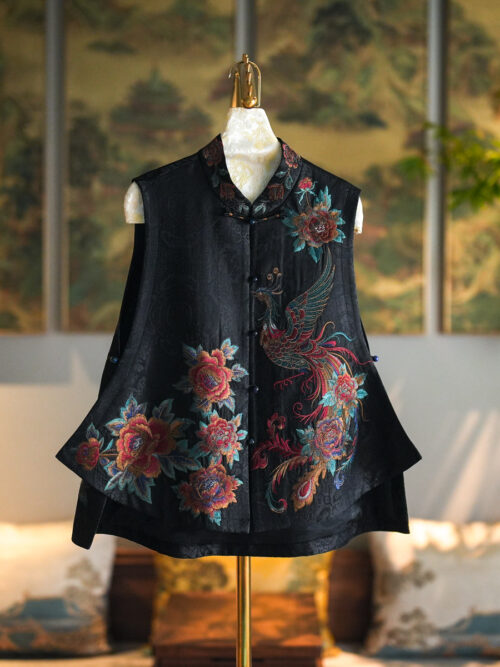 Original Chinese Trend Women's Black Stand Collar Silk Xiangyunsha Waistcoat, Phoenix & Peony Embroidery, Single-breasted | Item No.5569