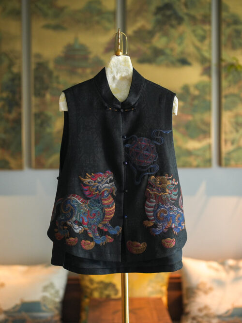 Original Chinese Style Women Waistcoat | Black Xiangyunsha Silk with Lion Playing Embroidered Silk Ball Pattern, Versatile Vest Item No.5573