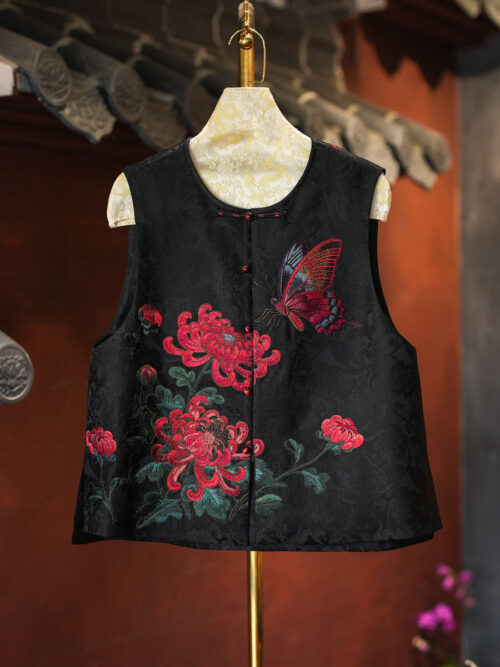 Original Women's Heavyweight Butterfly & Blossom Embroidered Crew Neck Single-Breasted Black Mulberry Silk Waistcoat | Style No.5854