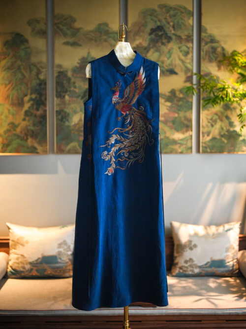 Original Chinese Style Stand Collar Sleeveless 100% Mulberry Silk Xiangyunsha Maxi Dress, Heavy Hand Embroidered Traditional National Style Long Dress Item No.5543