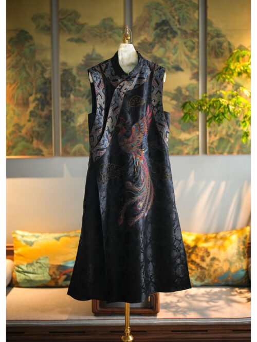 Black Long Song Brocade Dress, Heavy Phoenix Embroidery Stand Collar Sleeveless Mulberry Silk Maxi Dress5518