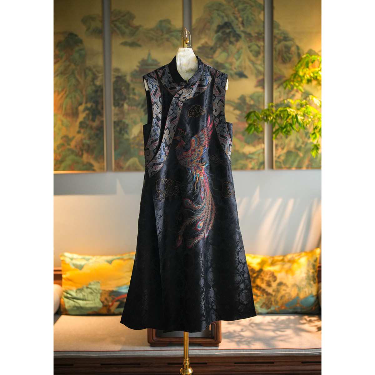 Black Long Song Brocade Dress, Heavy Phoenix Embroidery Stand Collar Sleeveless Mulberry Silk Maxi Dress5518