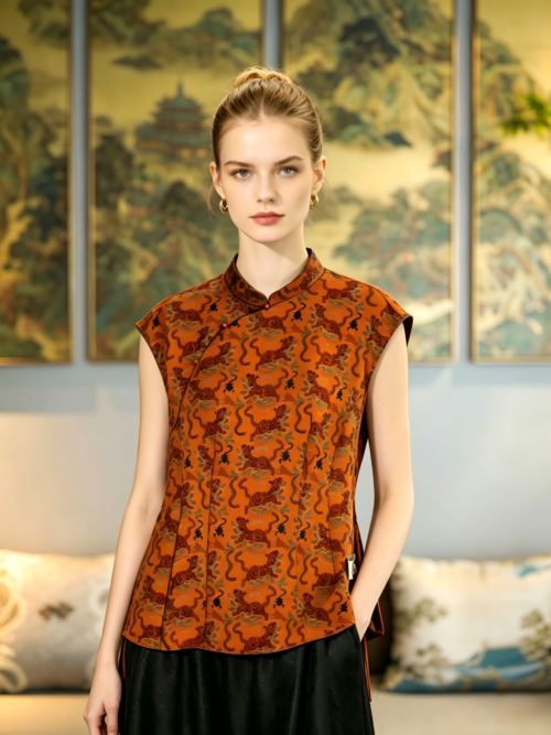 Original New Chinese Style Women's Stand Collar Short-Sleeve Top, Vintage Orange Xiangyunsha Silk Plus Size Blouse7984